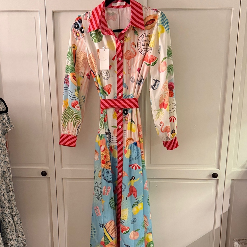 NWT Endless Moon Colorful Maxi Shirt Dress with Striped Belt